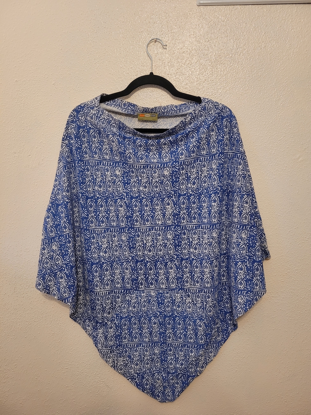 Rock Flower Paper Blue White Cotton Poncho Cape Top Boho Coastal One Size
